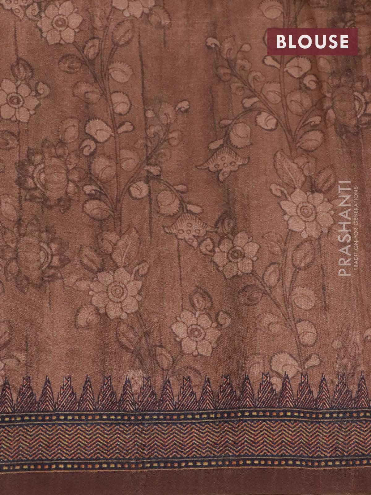 Semi tussar saree dark mustard and brown with kalamkari prints & mirror embroidery work and vidarbha style border