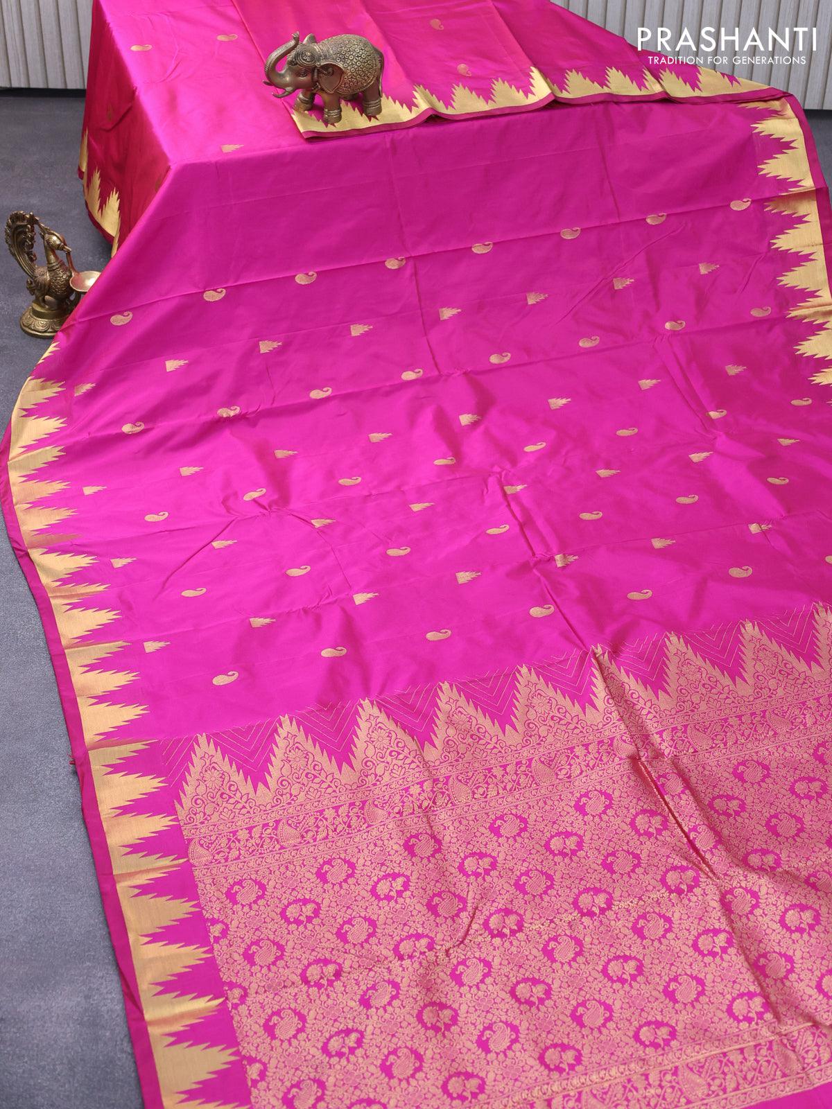 Kanjivaram silk saree pink with temple & paisley zari woven buttas and temple design zari woven border