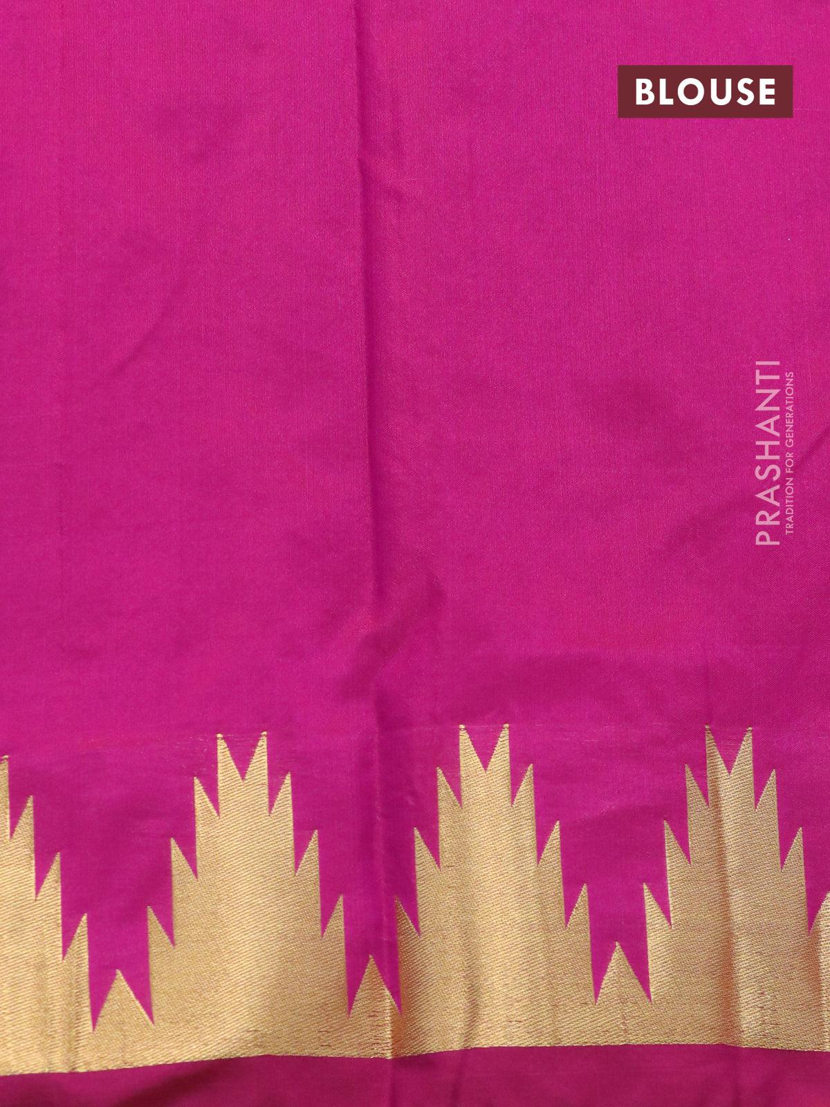 Kanjivaram silk saree pink with temple & paisley zari woven buttas and temple design zari woven border