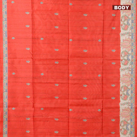 Chappa saree red and cream with butta prints and madhubani printed border