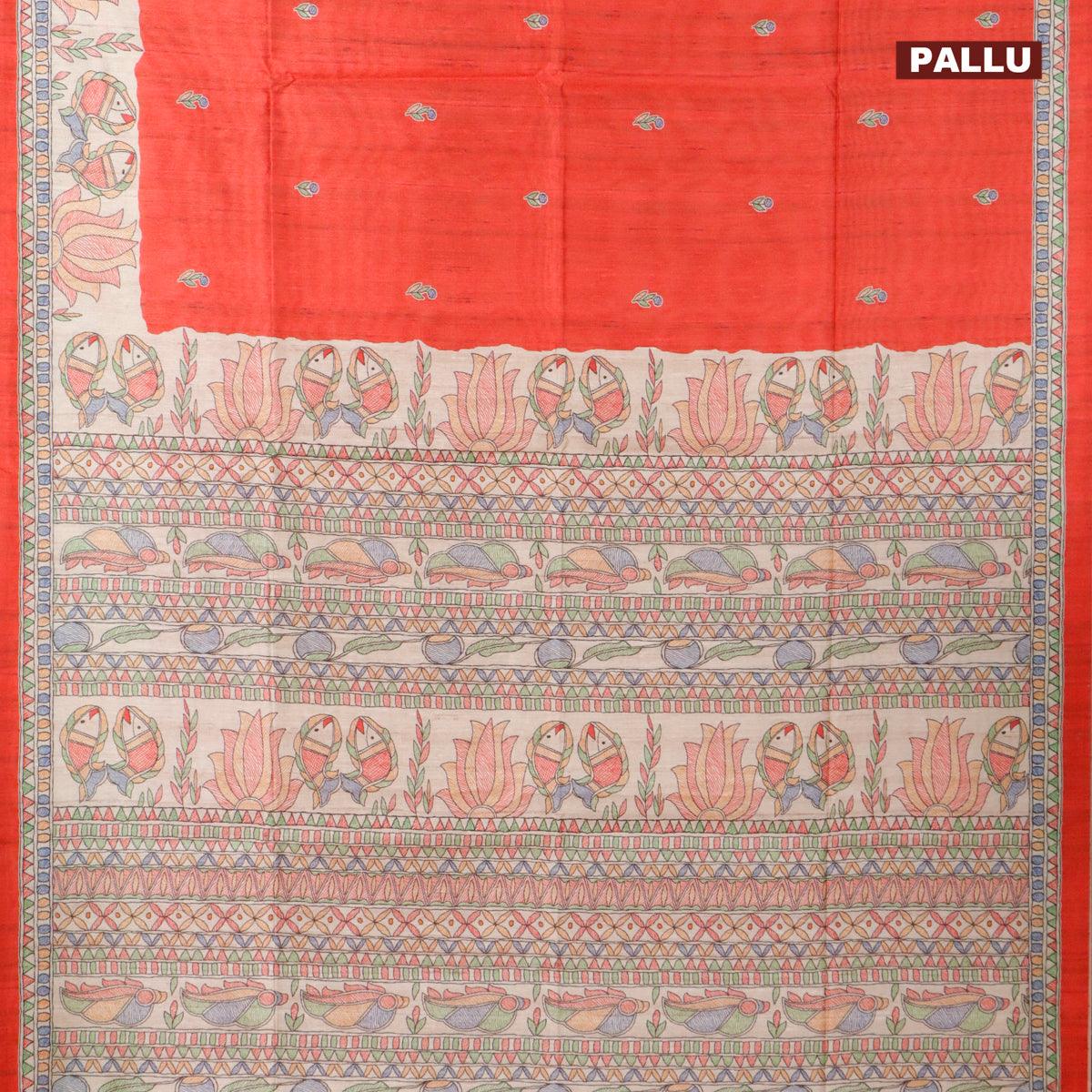 Chappa saree red and cream with butta prints and madhubani printed border