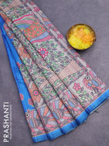 Chappa saree blue and cream with floral butta prints and madhubani printed border