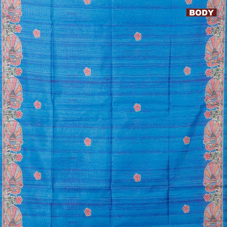 Chappa saree blue and cream with floral butta prints and madhubani printed border