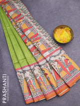 Chappa saree light green and orange with plain body and madhubani printed border