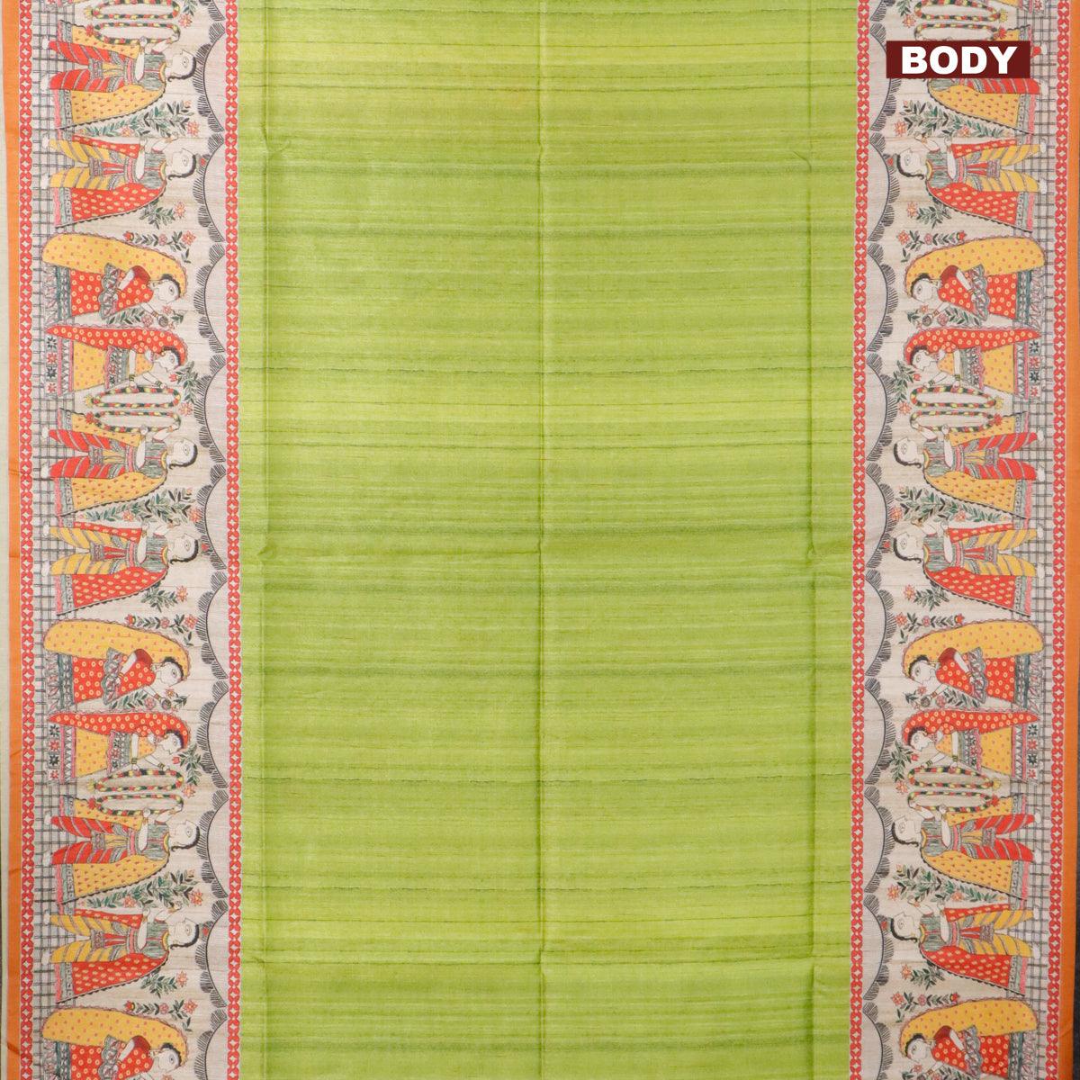 Chappa saree light green and orange with plain body and madhubani printed border