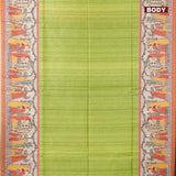 Chappa saree light green and orange with plain body and madhubani printed border