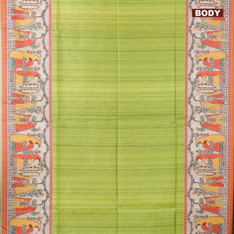 Chappa saree light green and orange with plain body and madhubani printed border