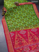 Ikat silk cotton saree green and dual shade of pink with allover ikat weaves and zari woven border