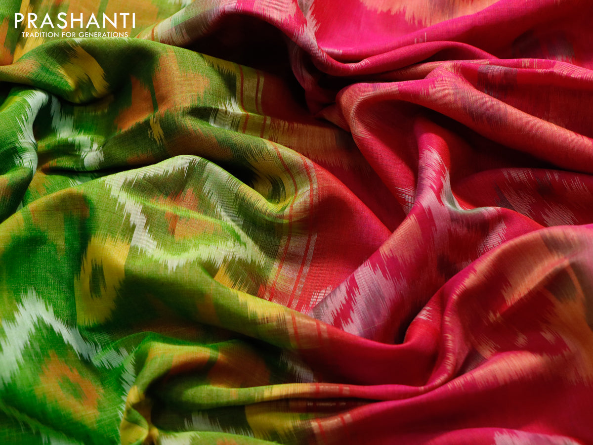 Ikat silk cotton saree green and dual shade of pink with allover ikat weaves and zari woven border