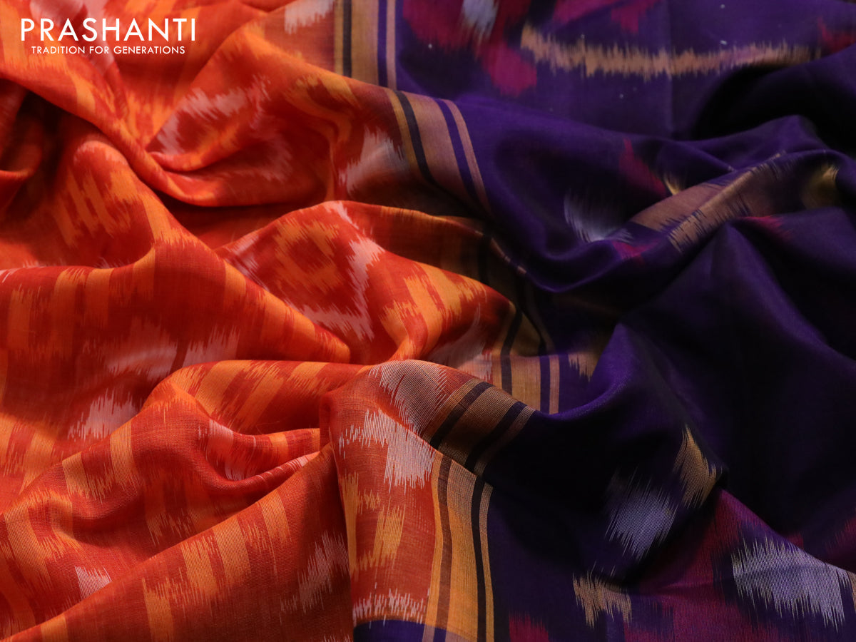 Ikat silk cotton saree rustic orange and dark blue with allover ikat weaves and long ikat woven zari border