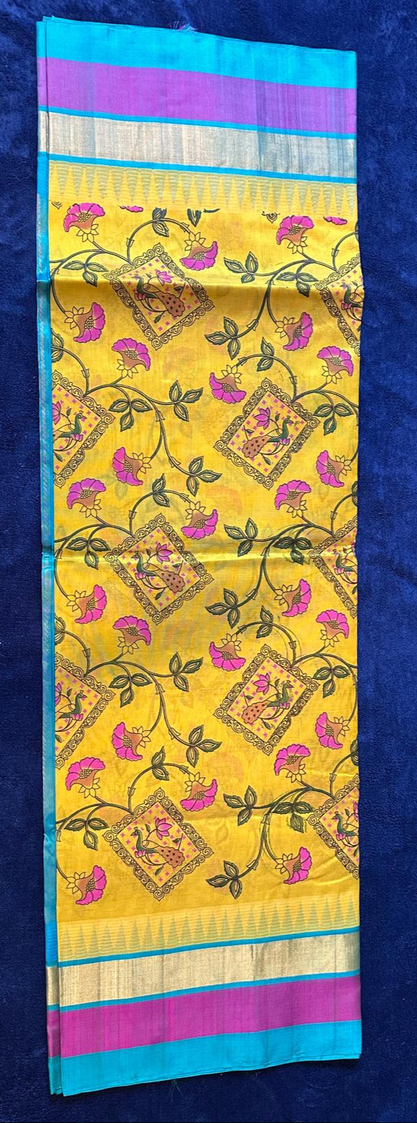 Silk Cotton Kalamkari - Mustard Yellow with Ramar Blue