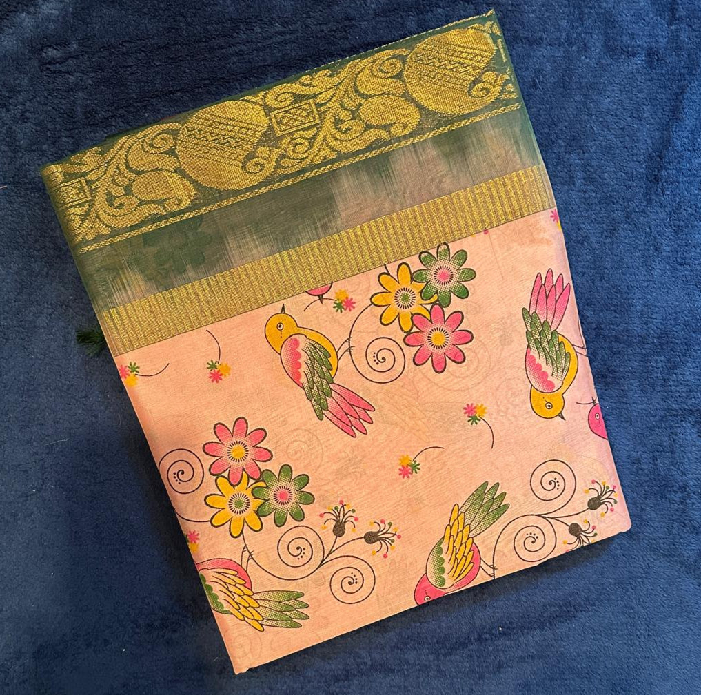 Silk Cotton Kalamkari - Pink with Bottle Green