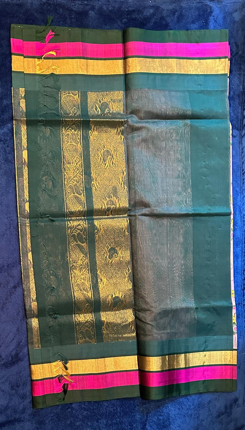Silk Cotton Kalamkari - Pink with Bottle Green
