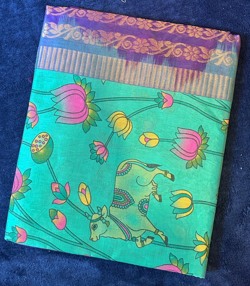 Silk Cotton Kalamkari - Aqua Green with Dark Blue