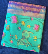 Silk Cotton Kalamkari - Aqua Green with Dark Blue
