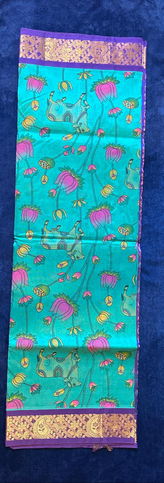 Silk Cotton Kalamkari - Aqua Green with Dark Blue