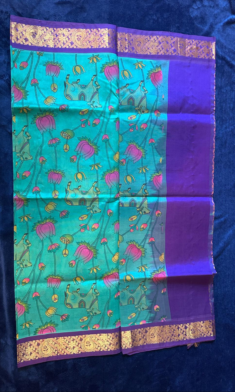 Silk Cotton Kalamkari - Aqua Green with Dark Blue
