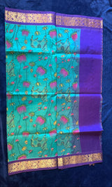 Silk Cotton Kalamkari - Aqua Green with Dark Blue