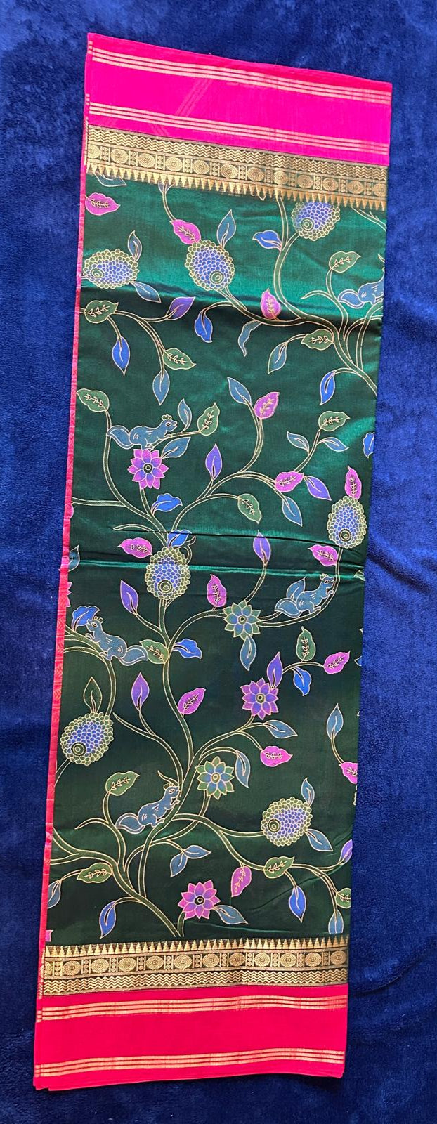 Silk Cotton Kalamkari - Dark Green with Rani Pink