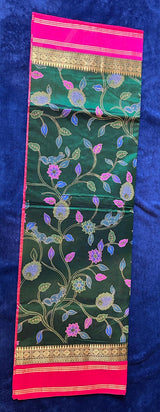 Silk Cotton Kalamkari - Dark Green with Rani Pink