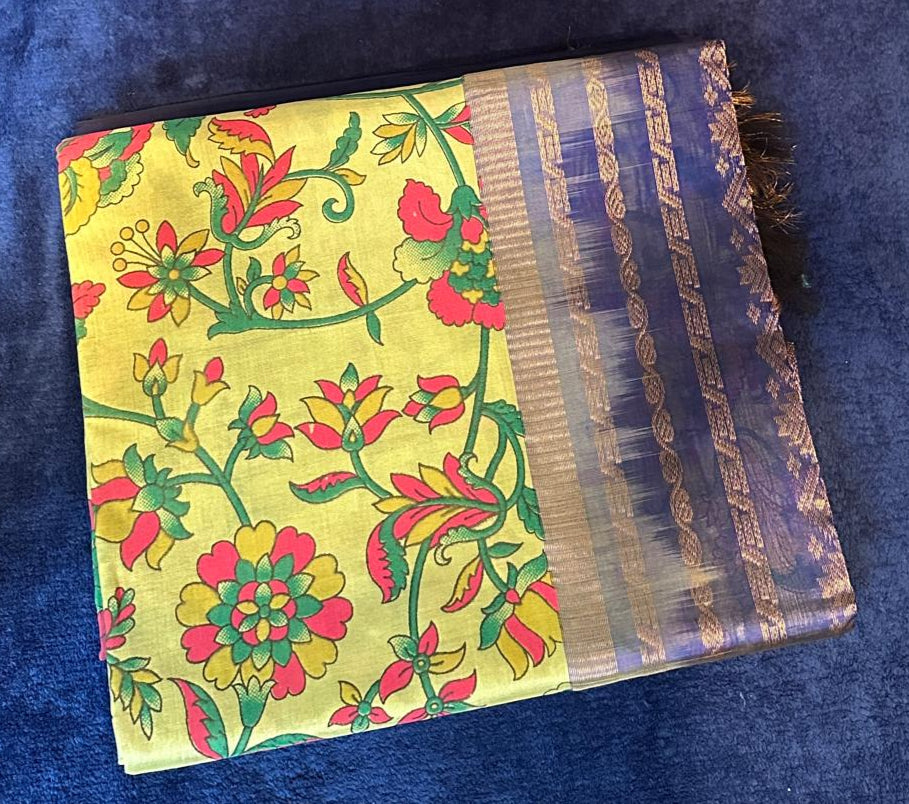 Silk Cotton Kalamkari - Light Green withDark Blue