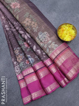 Banarasi kota saree dark brown and purple with allover digital prints & zari stripes pattern and temple design rettapet zari woven border