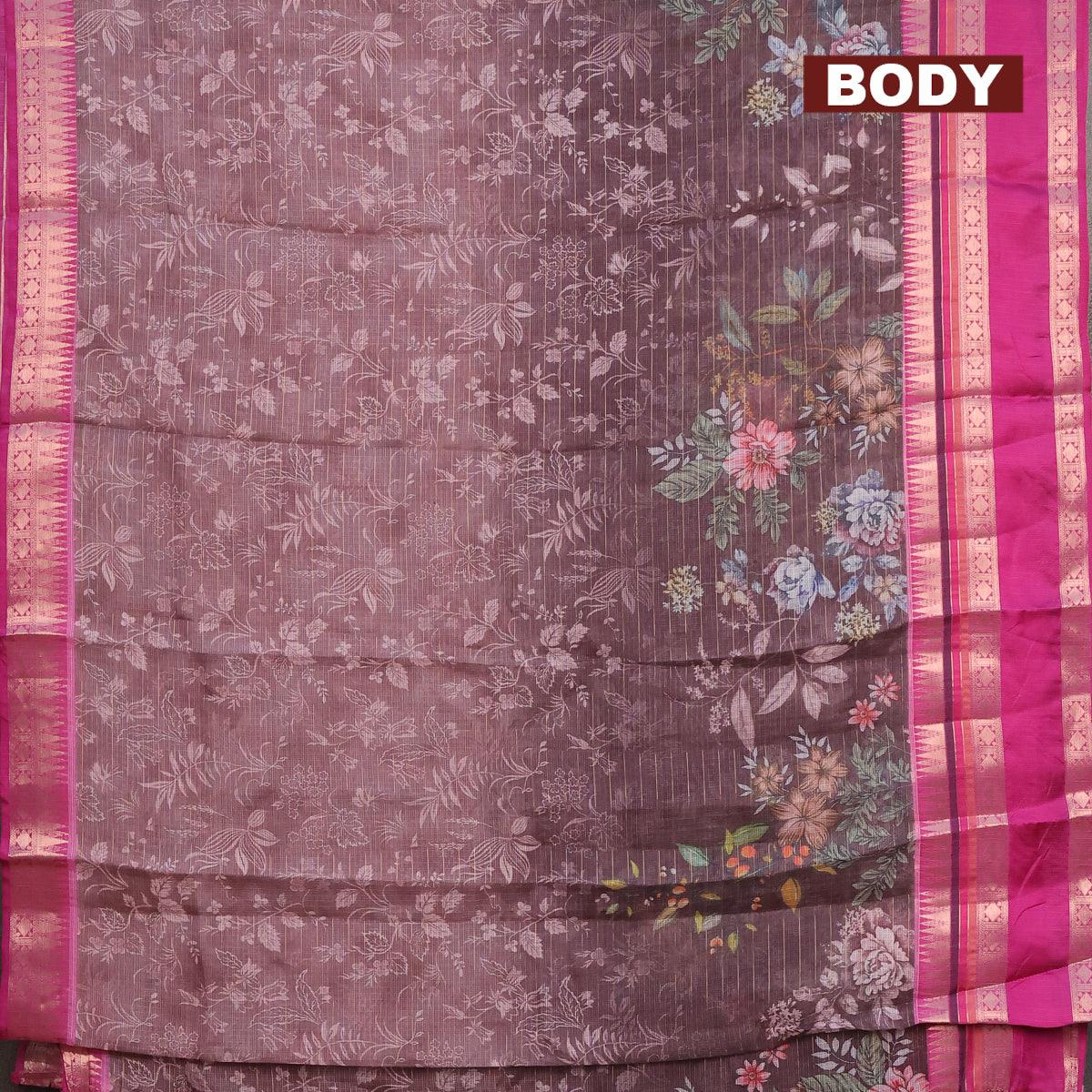 Banarasi kota saree dark brown and purple with allover digital prints & zari stripes pattern and temple design rettapet zari woven border