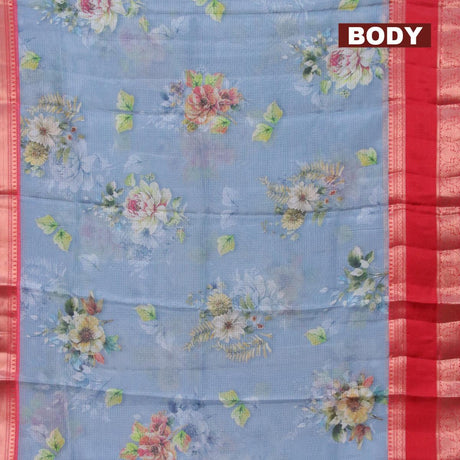 Banarasi kota saree bluish grey and red with floral digital prints and rettapet zari woven border