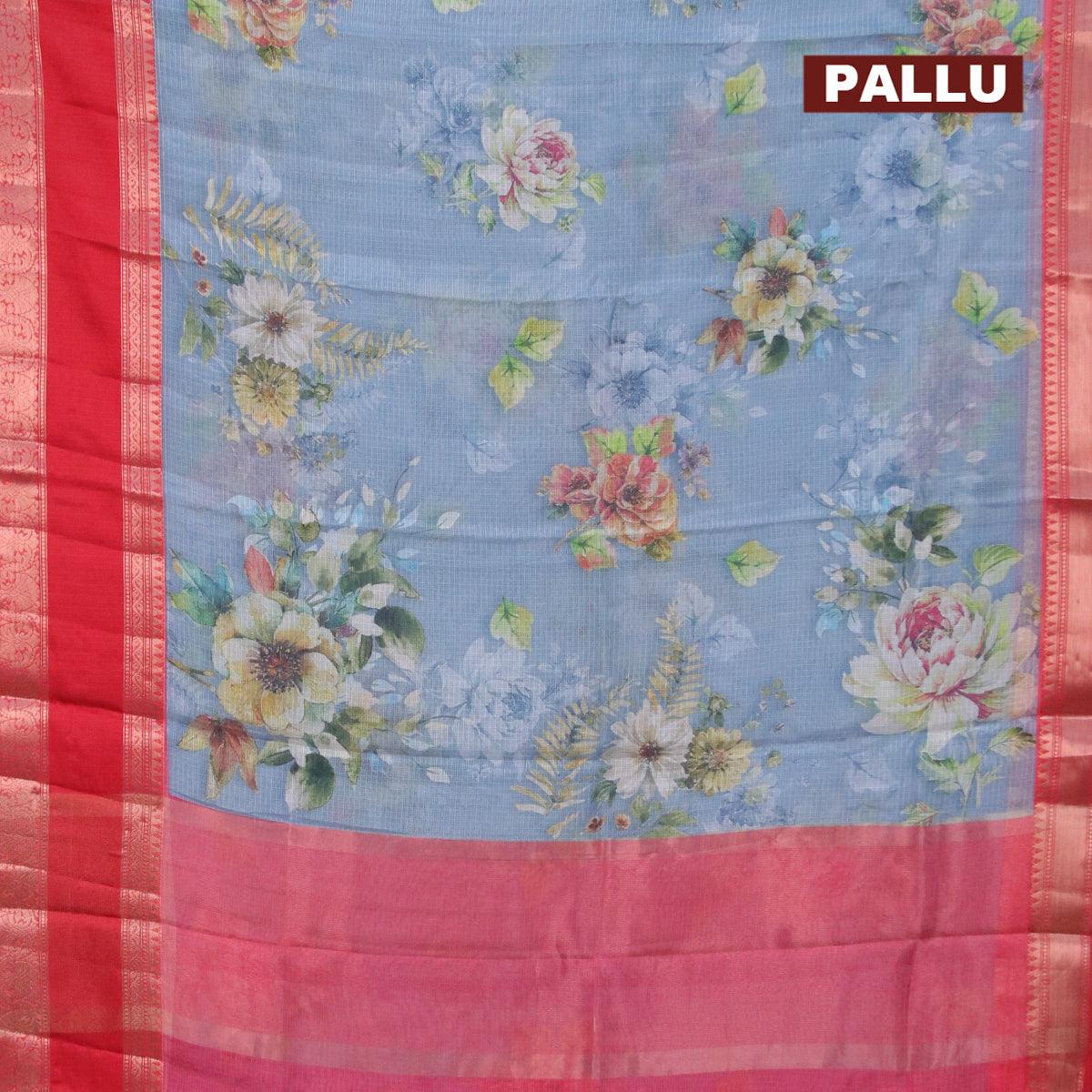 Banarasi kota saree bluish grey and red with floral digital prints and rettapet zari woven border