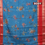 Banarasi kota saree blue and red with floral digital prints and rettapet zari woven border