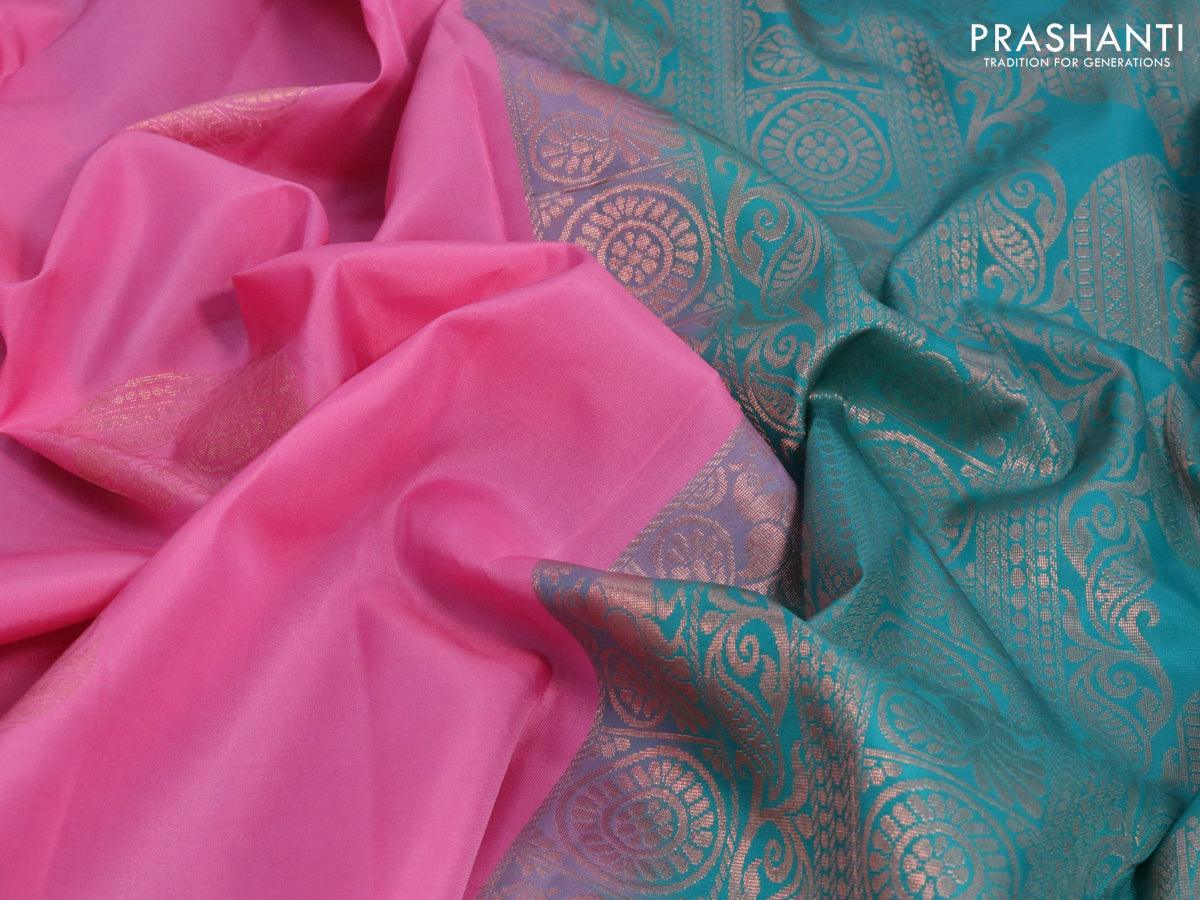 Roopam silk saree pink and teal green with copper zari woven buttas in borderless style