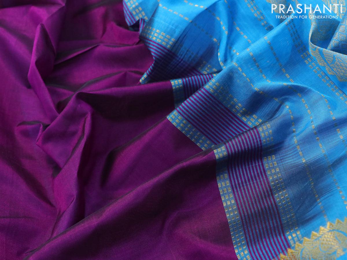 10 yards silk cotton saree purple and blue with plain body and long rettapet zari woven border without blouse