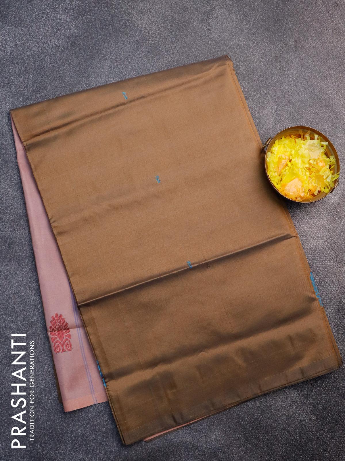 Banana pith saree military green and pastel pink with thread woven buttas in borderless style with blouse