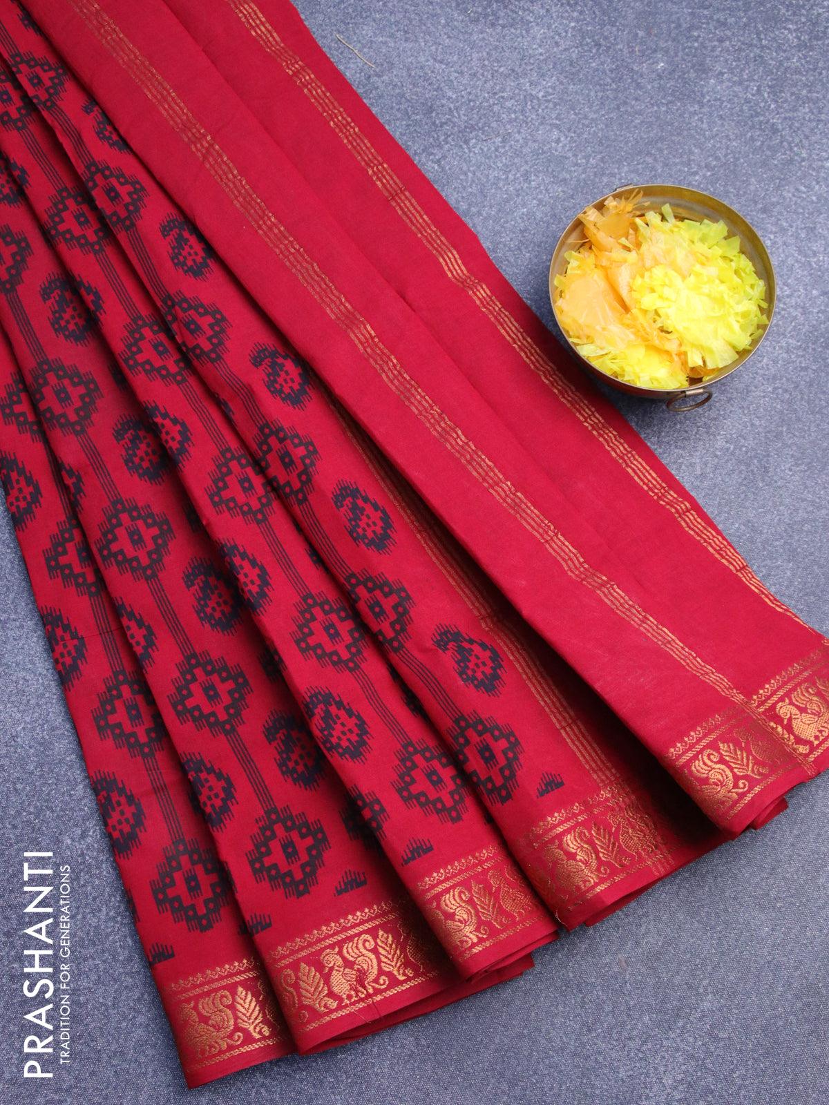 Sungudi cotton saree maroon with allover prints and annam zari woven border without blouse