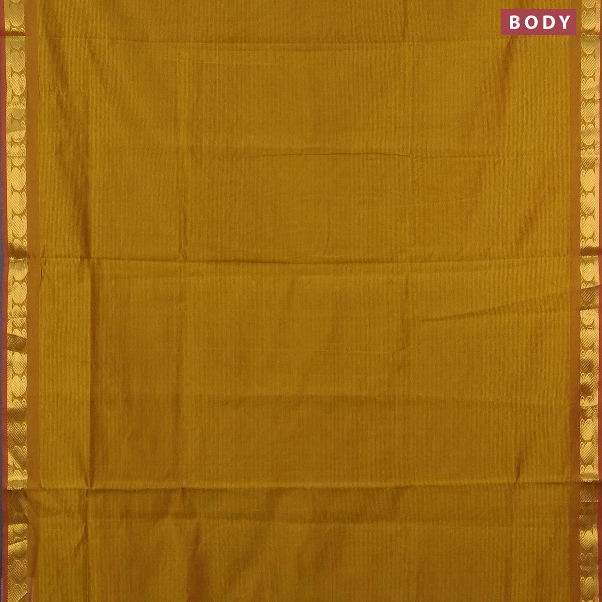 10 yards semi silk cotton saree mustard shade and maroon with plain body and paisley zari woven border