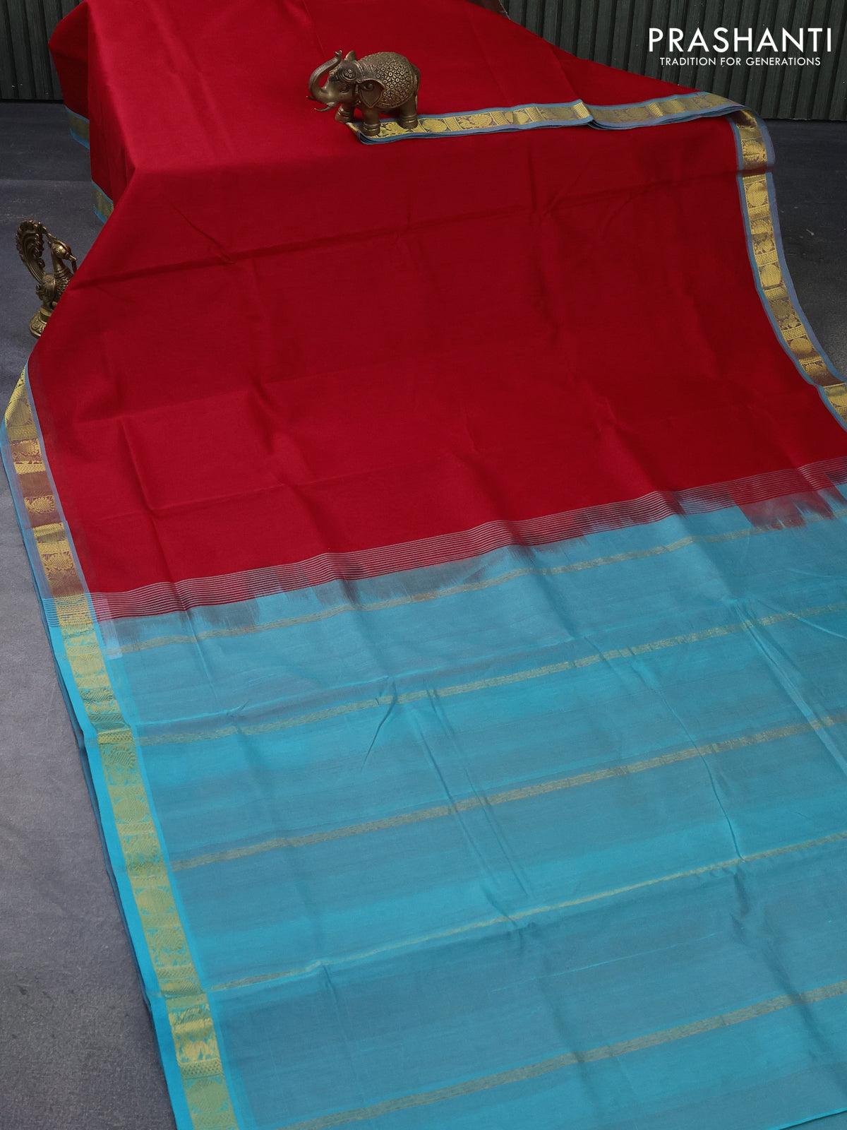 10 yards silk cotton saree red and teal blue with plain body and rudhraksha & annam zari woven border