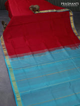 10 yards silk cotton saree red and teal blue with plain body and rudhraksha & annam zari woven border