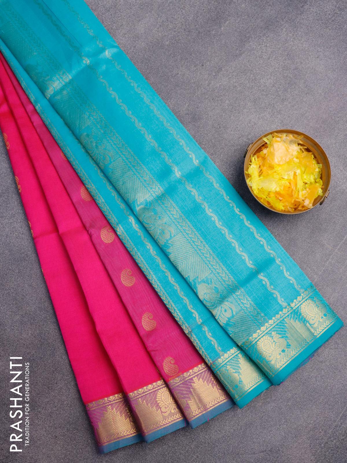 Silk cotton saree pink and teal blue with annam & paisley zari woven buttas and temple & annamzari woven border