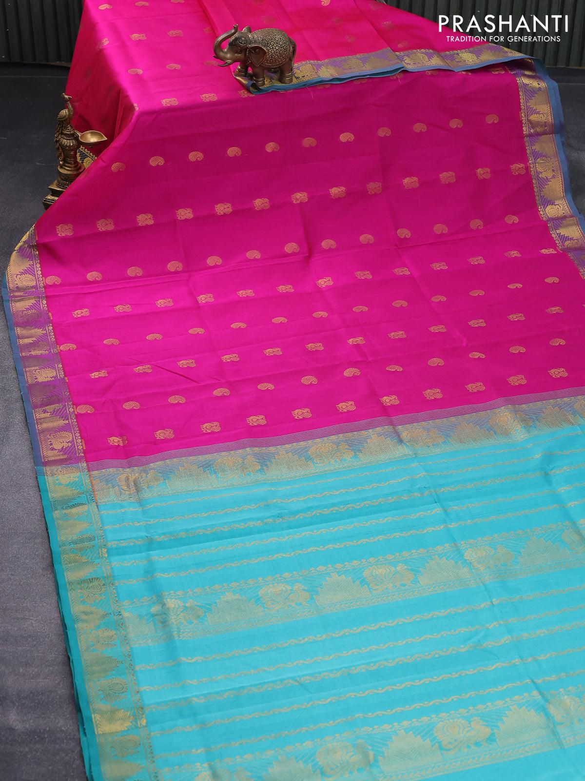 Silk cotton saree pink and teal blue with annam & paisley zari woven buttas and temple & annamzari woven border