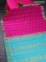 Silk cotton saree pink and teal blue with annam & paisley zari woven buttas and temple & annamzari woven border