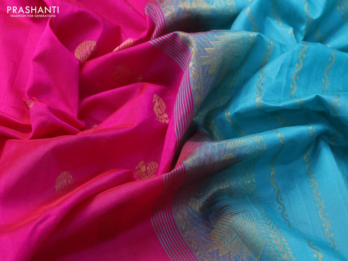 Silk cotton saree pink and teal blue with annam & paisley zari woven buttas and temple & annamzari woven border