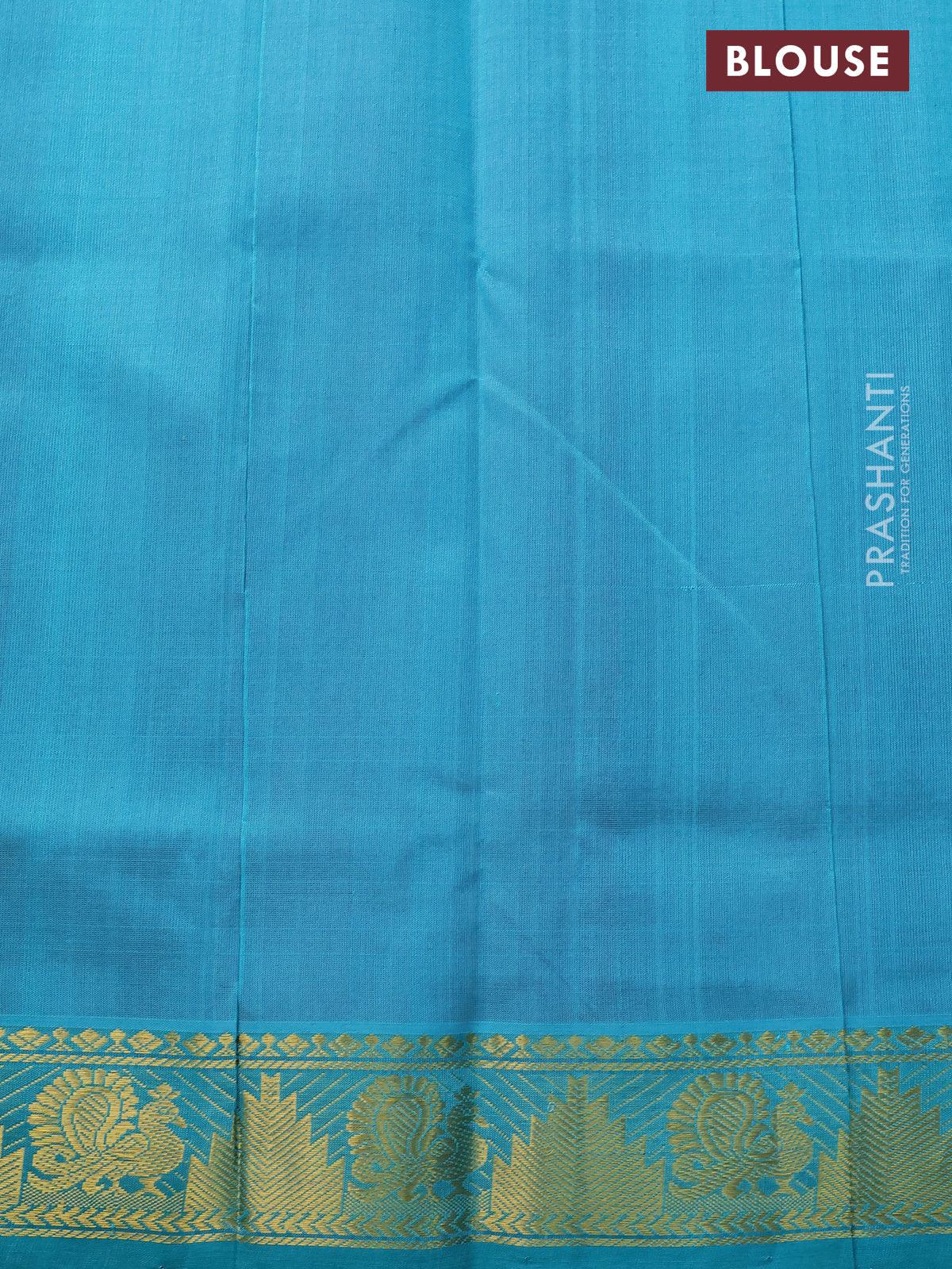 Silk cotton saree pink and teal blue with annam & paisley zari woven buttas and temple & annamzari woven border