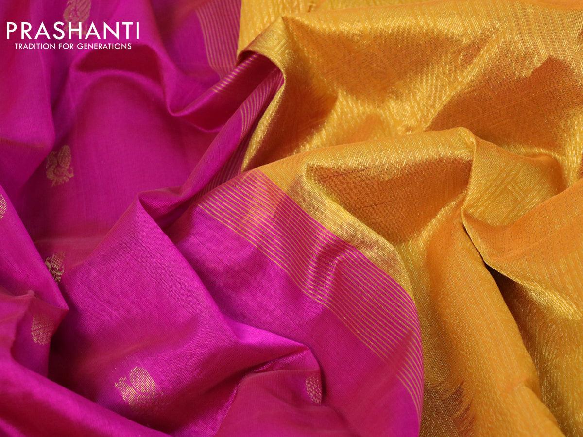 10 yards silk cotton saree magenta pink and mustard yellow with annam & rudhraksha zari woven border and rettapet zari woven border