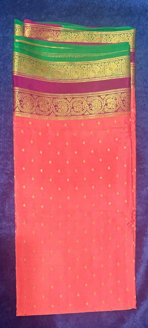 Mysore silk - Aboli Peach with Greeen/Purple