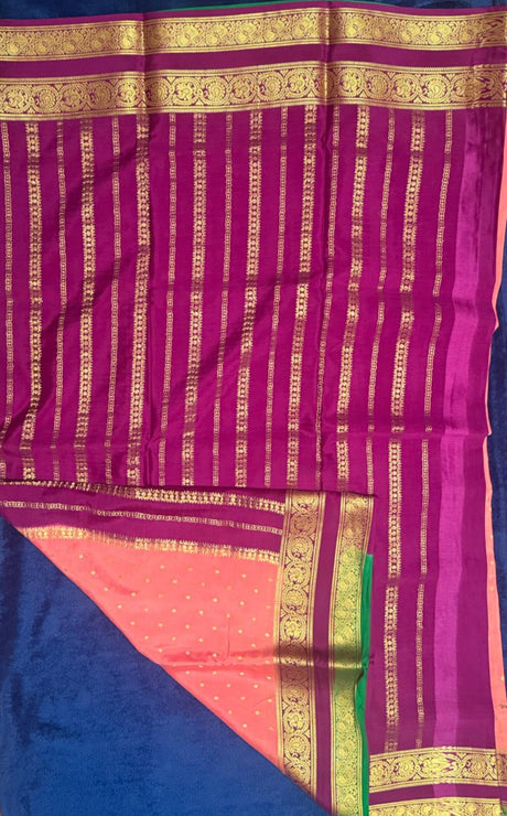 Mysore silk - Aboli Peach with Greeen/Purple