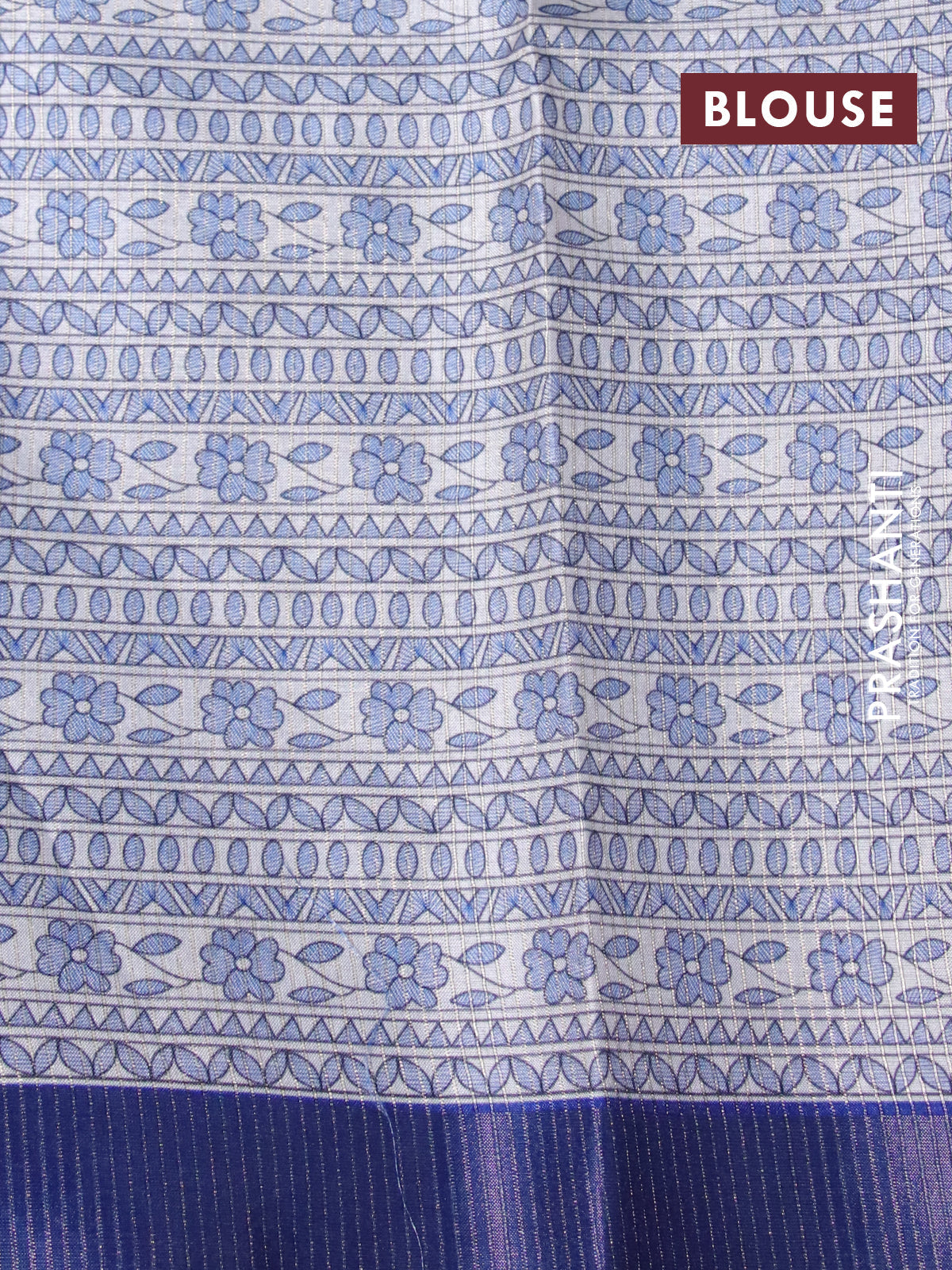 Semi tussar saree off white and blue with madhubani prints & zari buttas and zari woven border