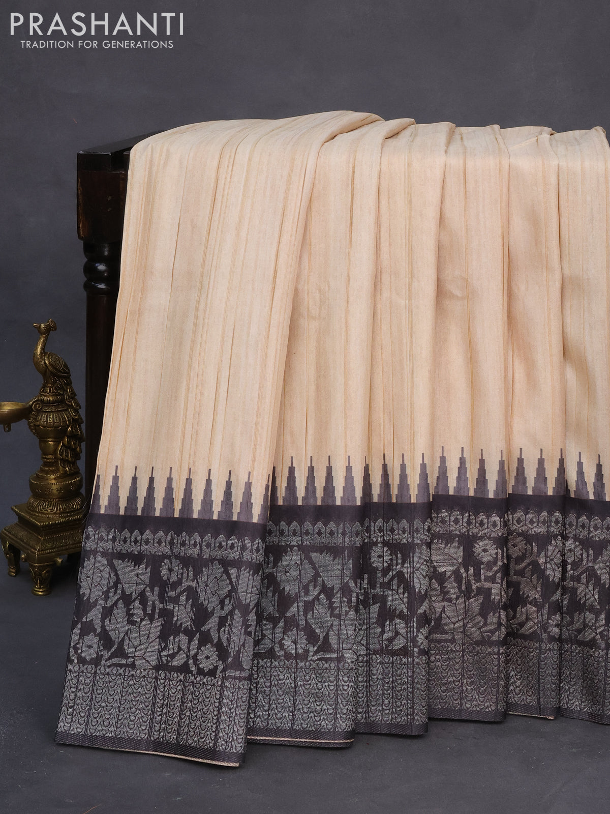 Semi tussar silk saree cream and black with plain body and long temple design ganga jamuna border