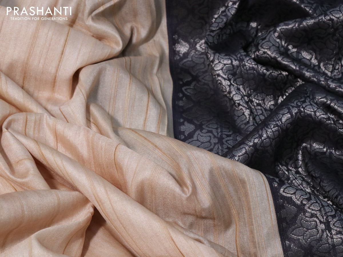 Semi tussar silk saree cream and black with plain body and long temple design ganga jamuna border