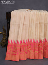 Semi tussar silk saree cream and pink with plain body and long temple design ganga jamuna border