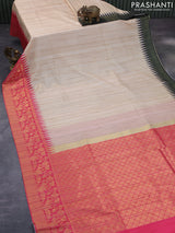 Semi tussar silk saree cream and pink with plain body and long temple design ganga jamuna border